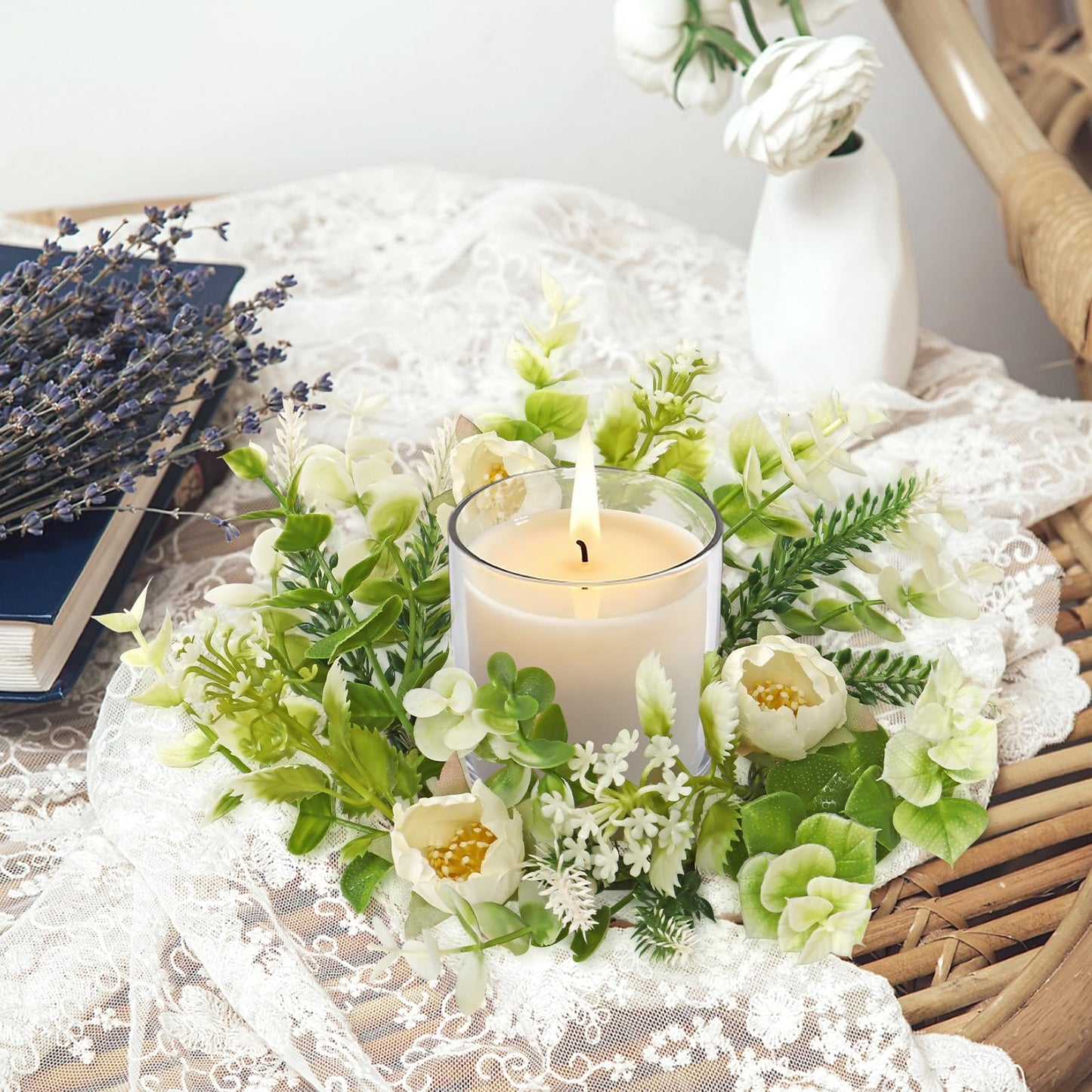 KHOYIME Floral Candle Rings Wreath 4PCS Small Spring Summer White Artificial Flowers Greenery Wreaths for Pillars, Mini Candle Holder Kitchen Cabinets Table Centerpieces Wedding Party Farmhouse Decor