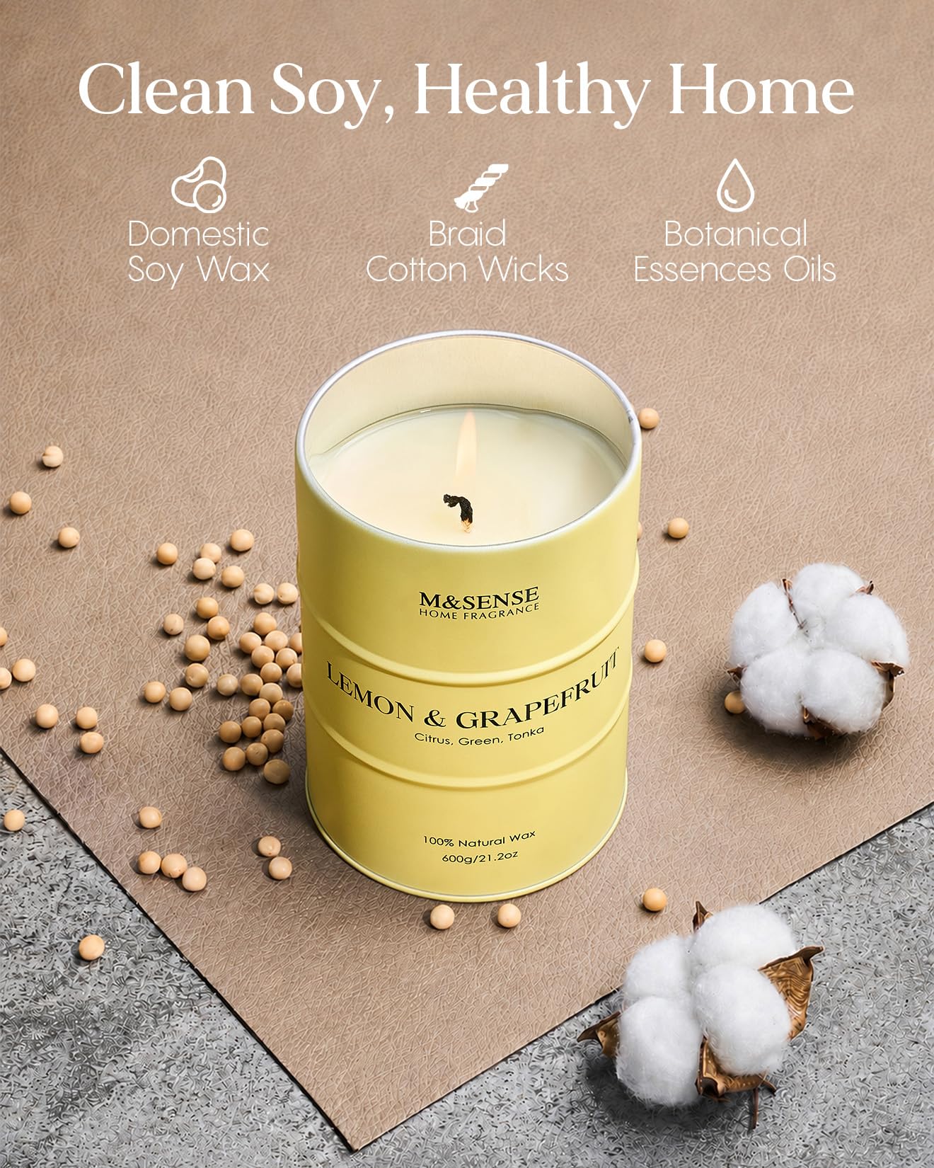 M&SENSE Lemon Candle Large for Home Scented, Lemon Soy Candles 21.2oz 120 Hour Slow Burning, Highly Scented Limoncello Grapefruit Citrus Candles for Bathroom, Fresh Smelling Candle