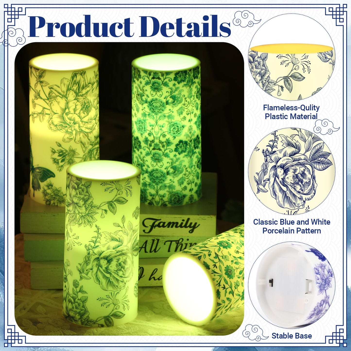 Tiamon 4 Pcs Chinoiserie Flameless Pillar Candles LED Blue and White Porcelain Candles Set Battery Operated Warm Light Flickering Chinoiserie Decor for Wedding Home Table Party Decoration
