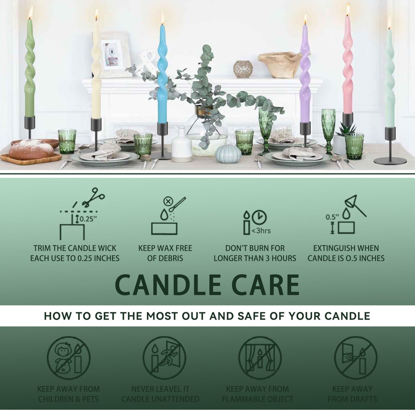 Spiral Candle Unscented Taper Candles Sticks Dark Green 10 inch Tall Tapered Candles 4 PCS Smokeless Twisted Dinner Candle for Meditation Home Kitchen Wedding Cozy Evenings Decorations