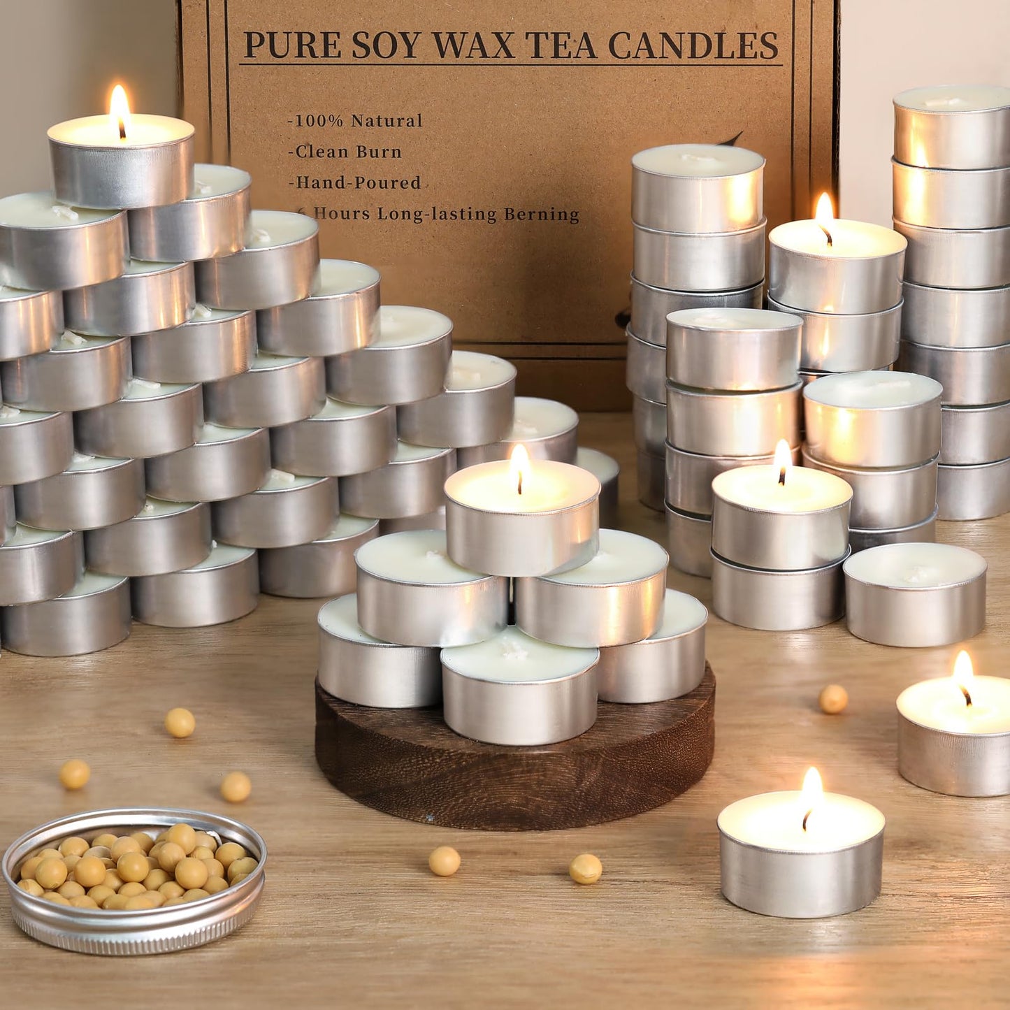 100 Pcs Soy Wax Tealight Candles,100% Natural- 6 Hours Long Burning Soy Tea Lights Candle, Paraffin-Free/Unscented Tea Candles for Party, Home, Wedding, Emergency