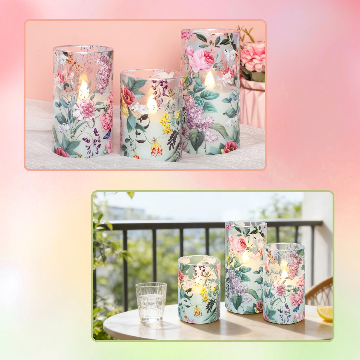 Silverstro Floral Flameless Candles with Remote Timer, Pink Rose and Lilac Pattern LED Glass Candles, Battery Operated for Home Party Wedding Christmas Spring Valentine's Day Decor, Set of 3