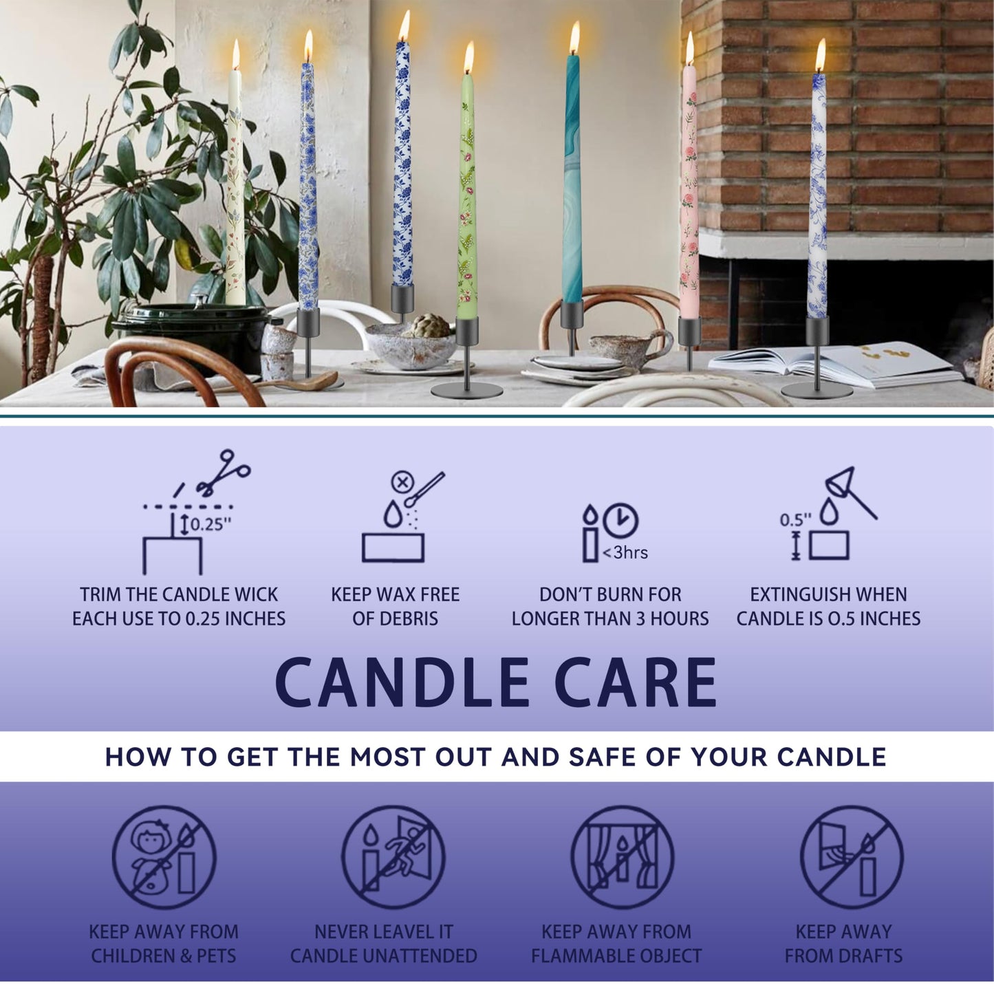 Blue and White Porcelain Taper Candlesticks 10 in Print Taper Candles Unscented Smokeless Handmade Printing Candle Tall Tapered Candle Sticks for Home Dinner Wedding Decor Simple Modern, 4 Pack