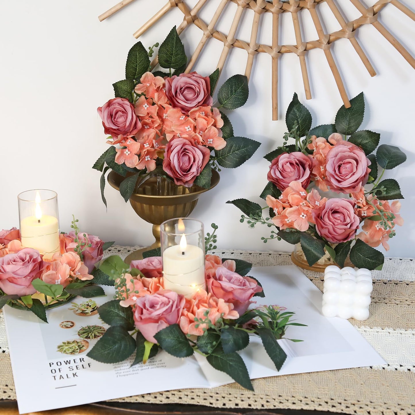 UUXX 4pcs Flower Candle Rings Wreaths, Silk Roses Hydrangea Artificial Flowers Candle Wreaths Rings for Table Centerpieces Wedding Valentine's Day Party Decor(Dusty Pink)