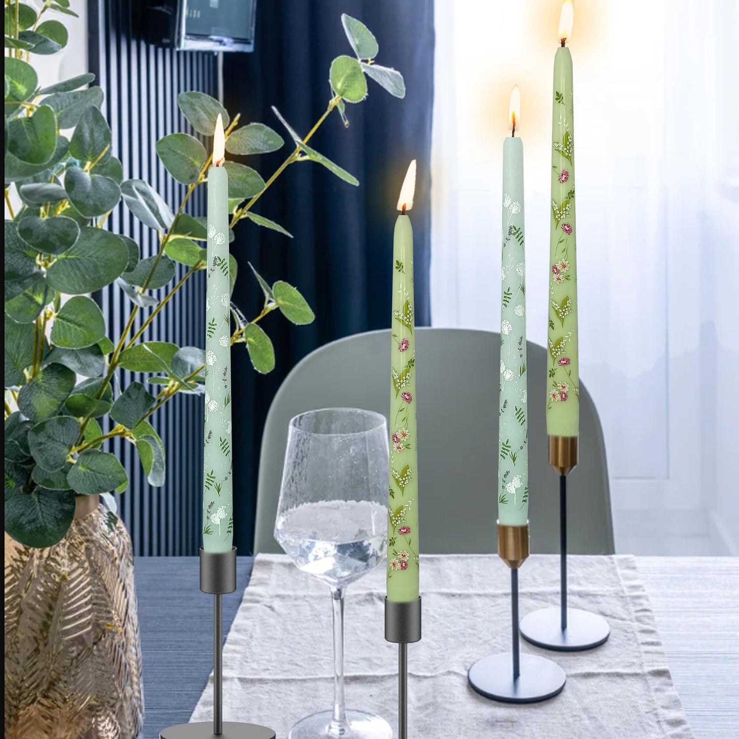 Printed Taper Candle Dripless Candles Sticks - 4 pcs Handmade Green Taper Candle 10 inches Long Tapered Candles for Home Party Wedding Restaurant Holiday Decor
