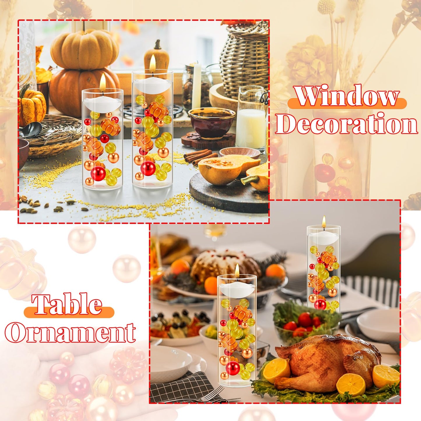 MTLEE 124 Pcs Thanksgiving Vase Filler Faux Pearl for Vase Filler with 8 White Unscented Candles for Fall Thanksgiving Home Table Party Festival Decors, Not Included Clear Beads(Pumpkin)