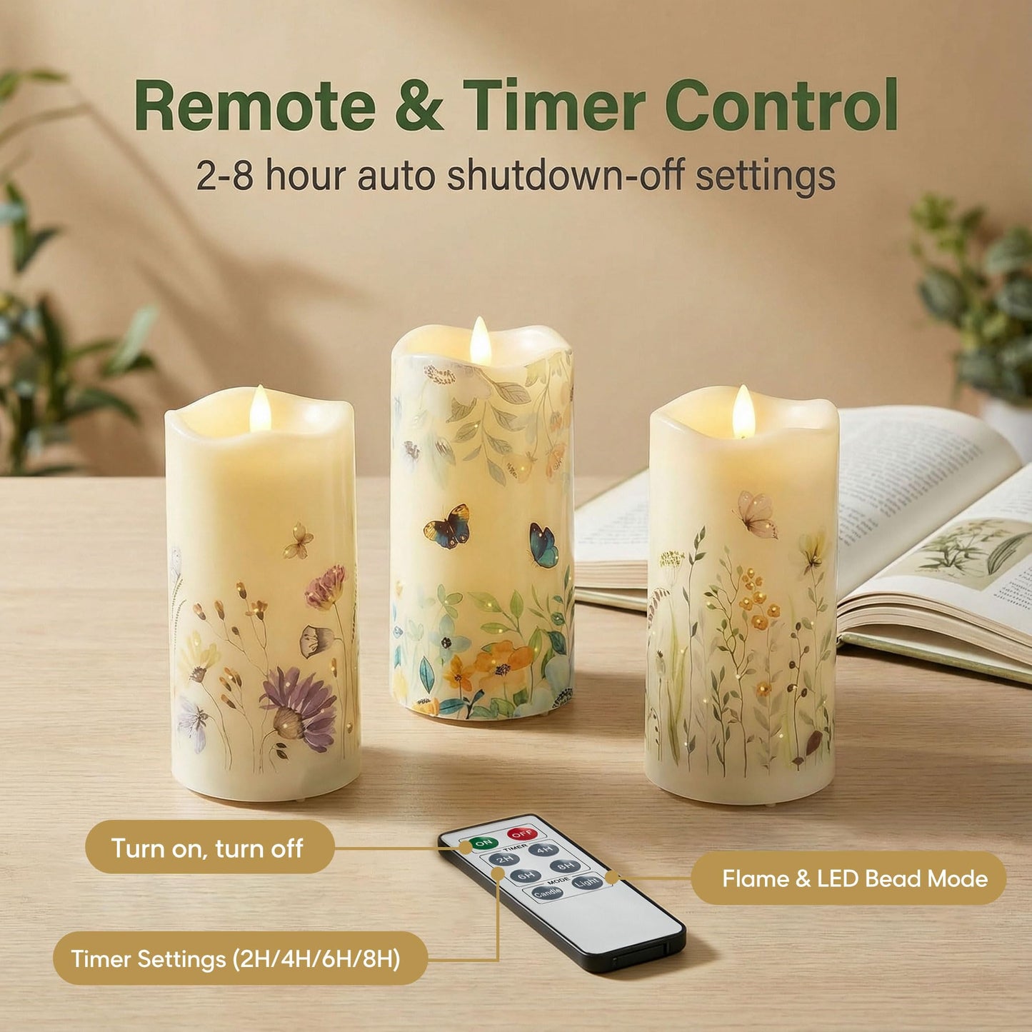 Eywamage Fiber Optic Flameless Pillar Candles with Remote Set of 3, Butterfly Floral Spring LED Candles Battery Operated Gift Φ 3" H 6"