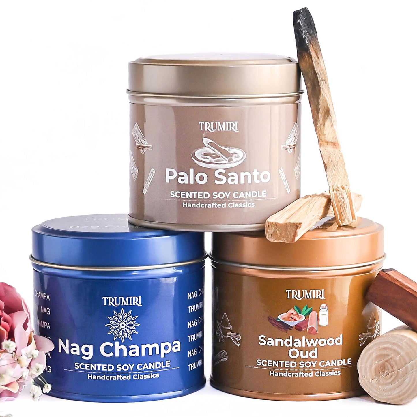 Palo Santo, Nag Champa, Sandalwood Oud - Soy Candles Non Toxic - Highly Scented Long Lasting with Essential Oils - Variety Pack of 3 x 5oz - for Home Aromatherapy Meditation Gift Travel