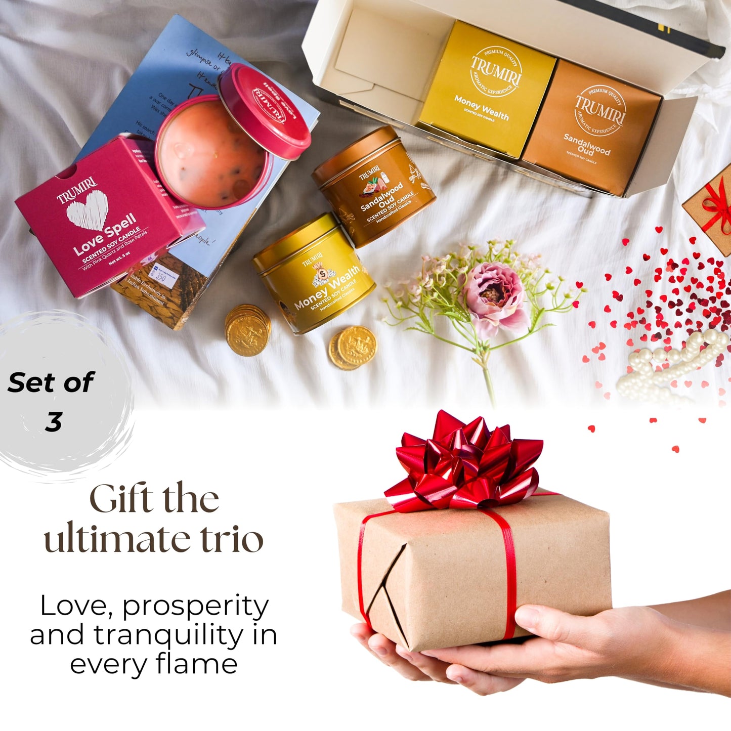 Love Spell, Money Wealth, Sandalwood Oud - Soy Candles Non Toxic - Highly Scented Long Lasting with Essential Oils - Variety Pack of 3 x 5oz - for Home Aromatherapy Meditation Gift Travel