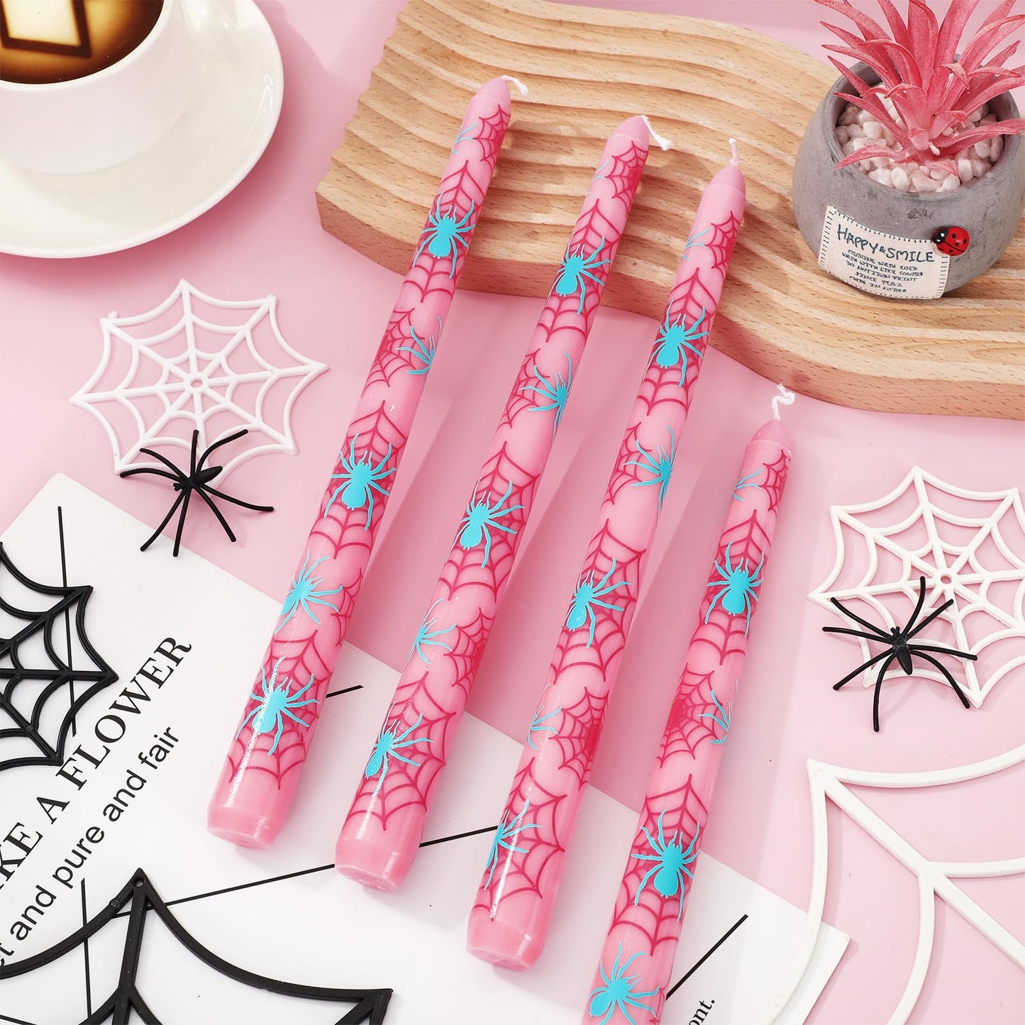 JarThenaAMCS 6Pcs Pink Spider Taper Candles 10 Inch Spider Web Birthday Decorative Candles Long Unscented Candle Sticks for Birthday Halloween Party Decor