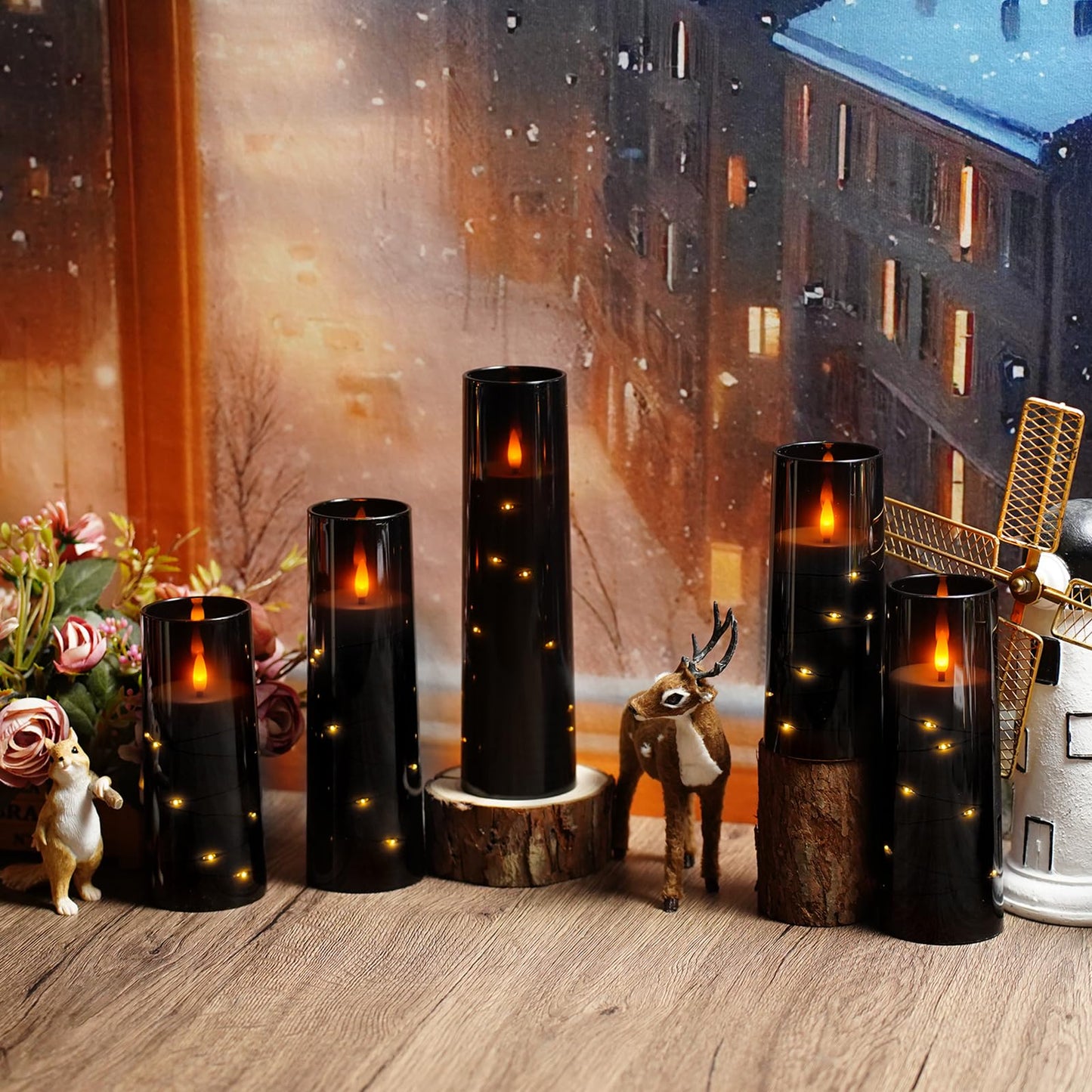 kakoya Flameless LED Candles with Timer 9 Pc Flickering Flameless Candles for Romantic Ambiance and Home Decoration Stable Acrylic Shell,with Embedded Star String,Battery Operated Candles（Black）