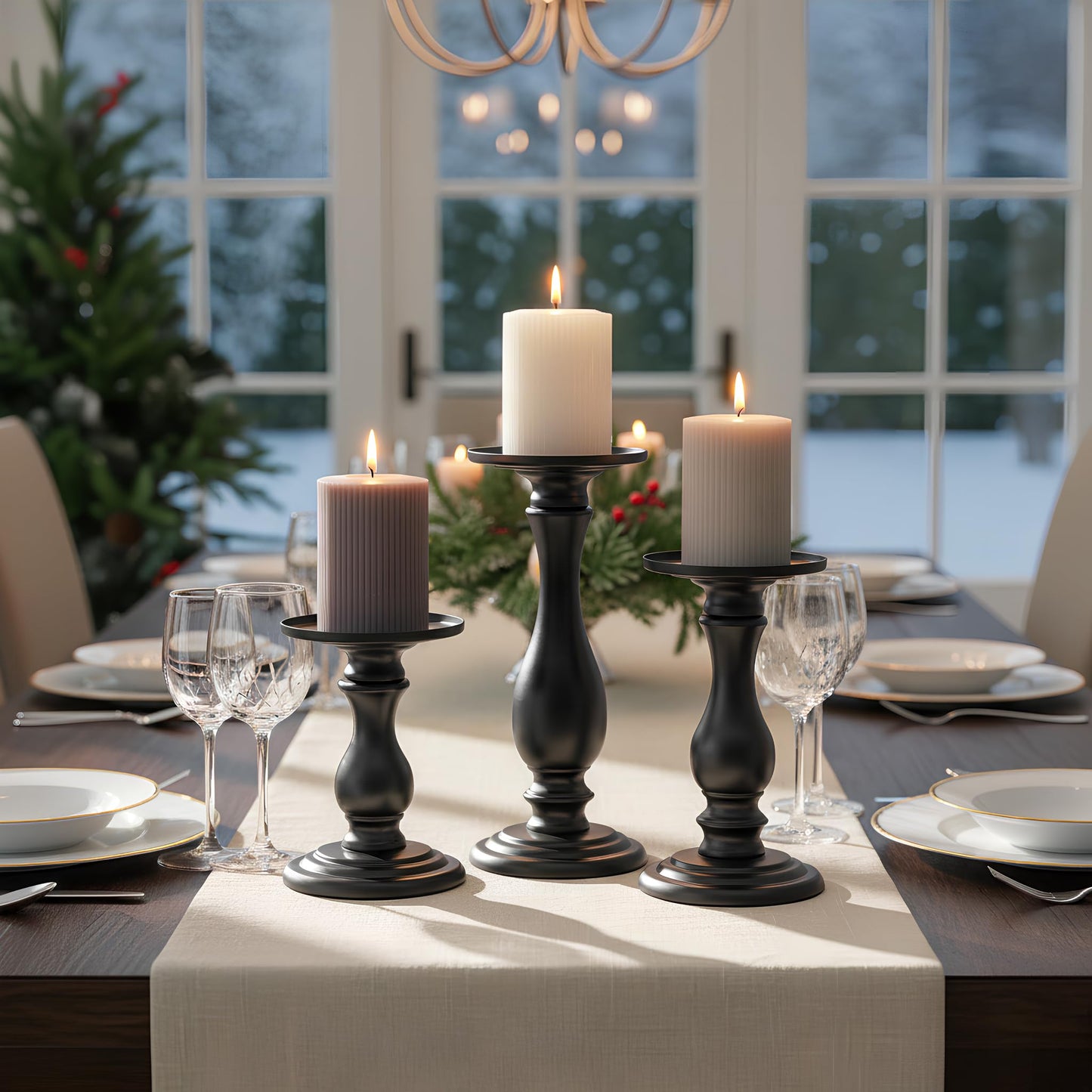 Matte Black Pillar Candle Holders Set of 3-10", 8", 6”H Candlestick Candle Holders Stand, Home Coffee Table Decor Decorations Centerpiece for Dining/Living Room