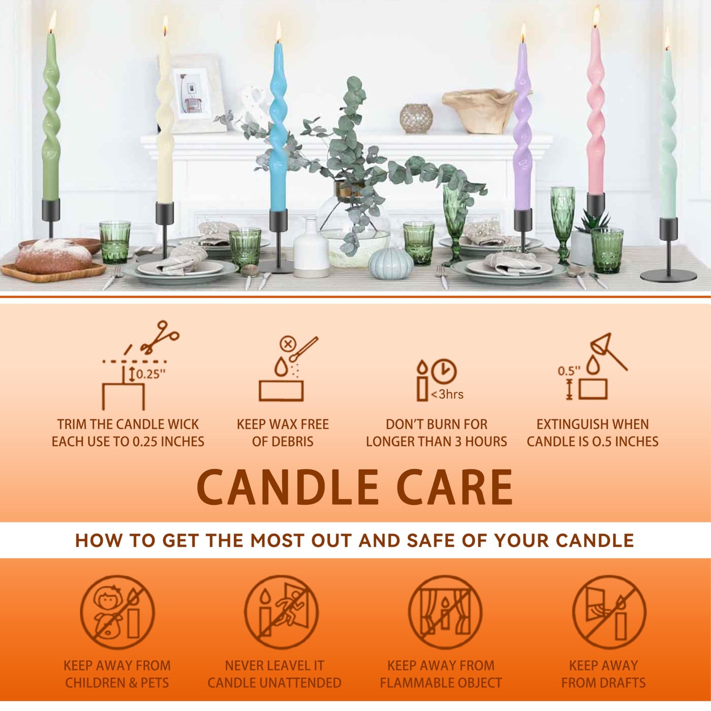 Orange Taper Candles 10 inch Unscented Spiral Candlesticks for Christmas Halloween Wedding Home Decor, Relaxation & All Occasions