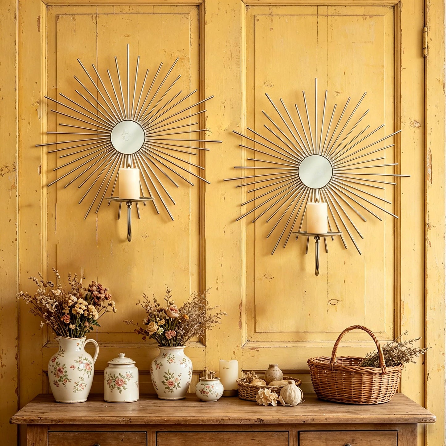 Sxnzequnze 2 Set Candle Sconces Wall Decor for Living Room Metal Sunburst Mirrored Modern Gold Wall-Mounted Candle Holder Sconces Hanging Mounted Fireplace Farmhouse Wedding