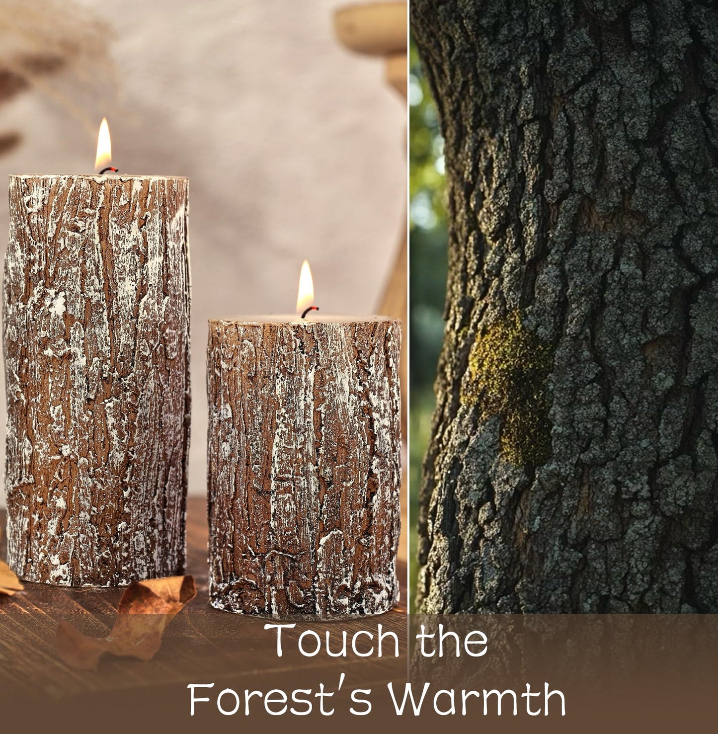 Classic Pine Tree Bark Texture Pillar Candles Set - Real Wax 3 Sizes (4", 5", 6" Tall) Rustic Decor Fireplace Candles, Unscented Woodland Style Pillar Candle for Home, Dining Table, Holiday Decor