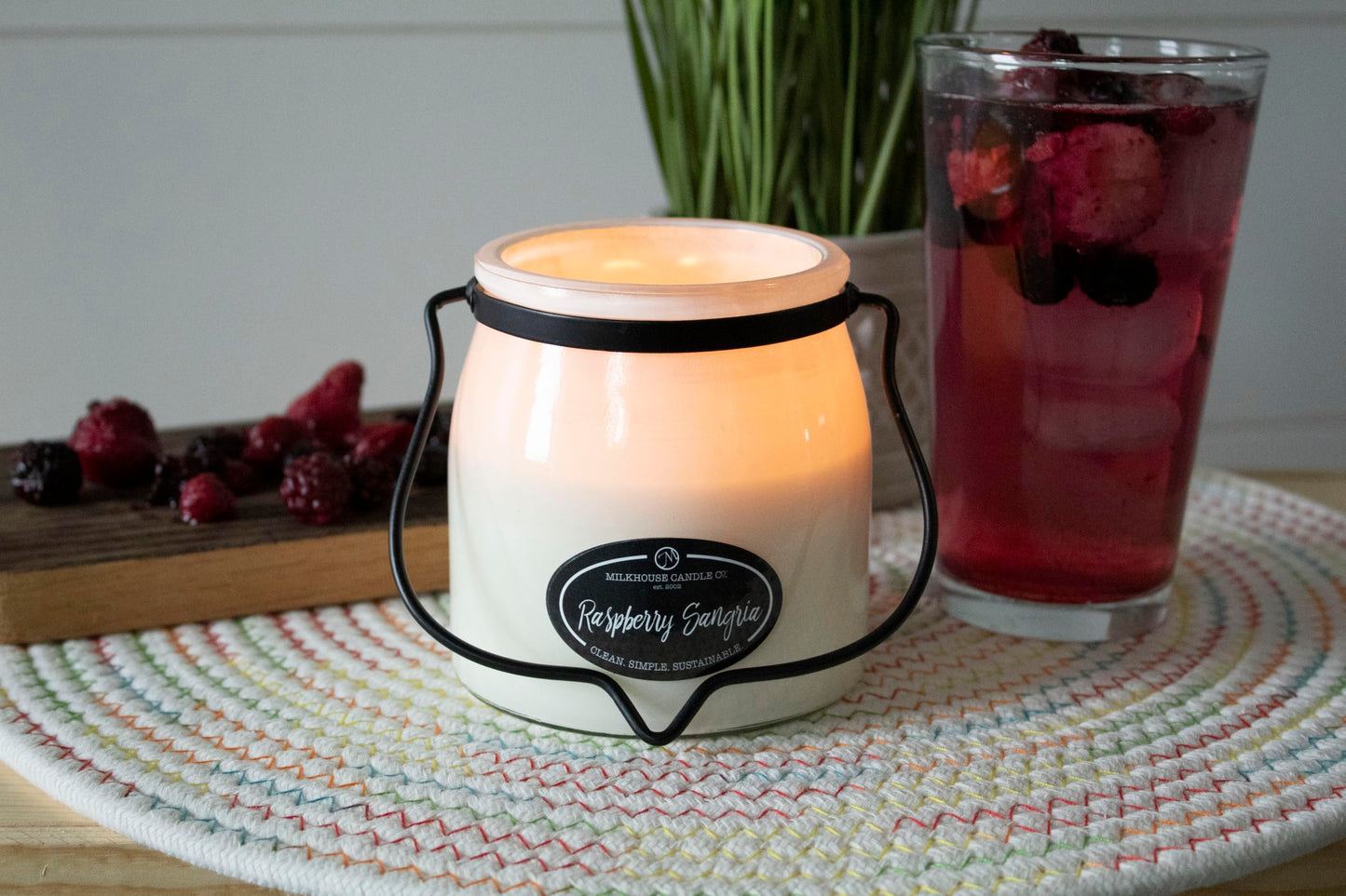 Milkhouse Candle Company Raspberry Sangria Soy Candle - Pink Rose | Rosewater | Pink Pear Scented - 16 oz Butter Jar with Lid, 65+ Hour Burn Time, Made in the USA