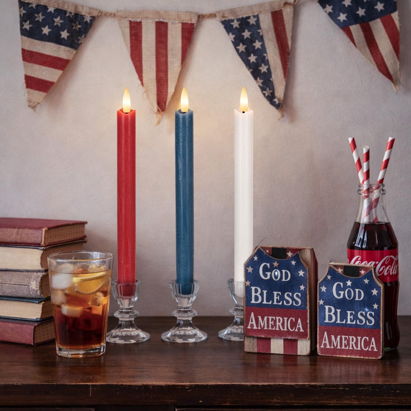 Patriotic Flameless Candles with Remote and Timer, Real Wax Red White and Blue Candles for 4th of July Decorations, 250th Anniversary Battery Operated Candles for Independence Day Celebrations, 3Pack