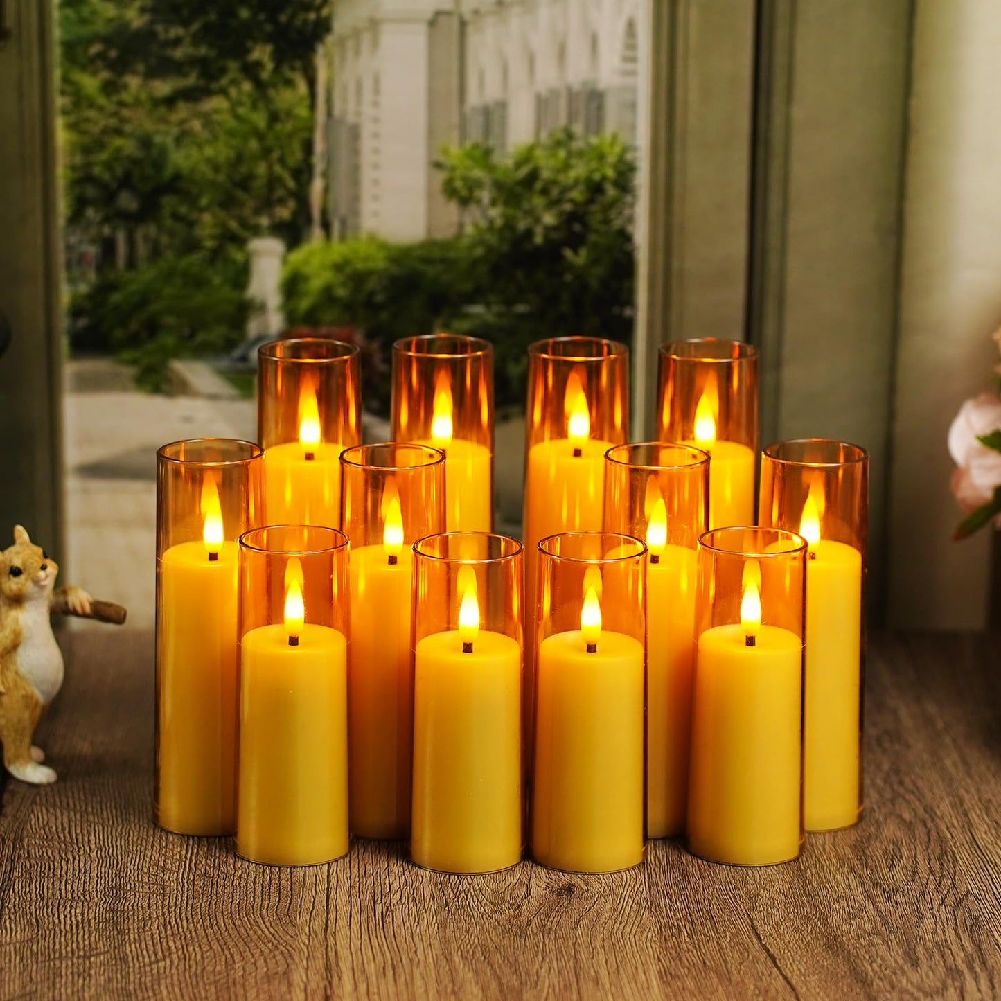 Nimiko Small Flickering Flameless Candles - Battery Operated LED Fake Candles, Pack of 12 (D1.57 x H4 5" 6") for Holiday Decor, Home, Weddings (Gold)