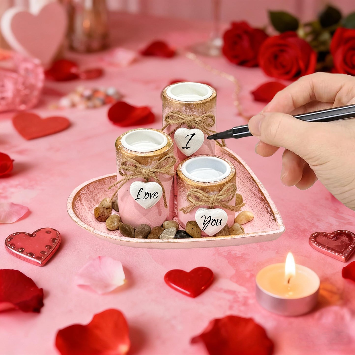 Rustic Farmhouse Candle Holders Set of 3, Pink Heart Shaped Wooden Tray with Tealight & Pillar Candles, Rustic Wood Centerpiece for Coffee Table, Valentine's Day, Wedding, Anniversary Home Decor