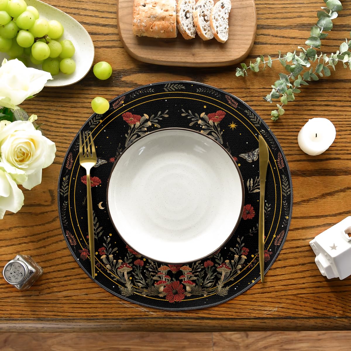 Artoid Mode Black Poppy Moth Moon Round Placemats Set of 4, 14 Inch Floral Spring Round Table Mats for Party Kitchen Dining Decoration
