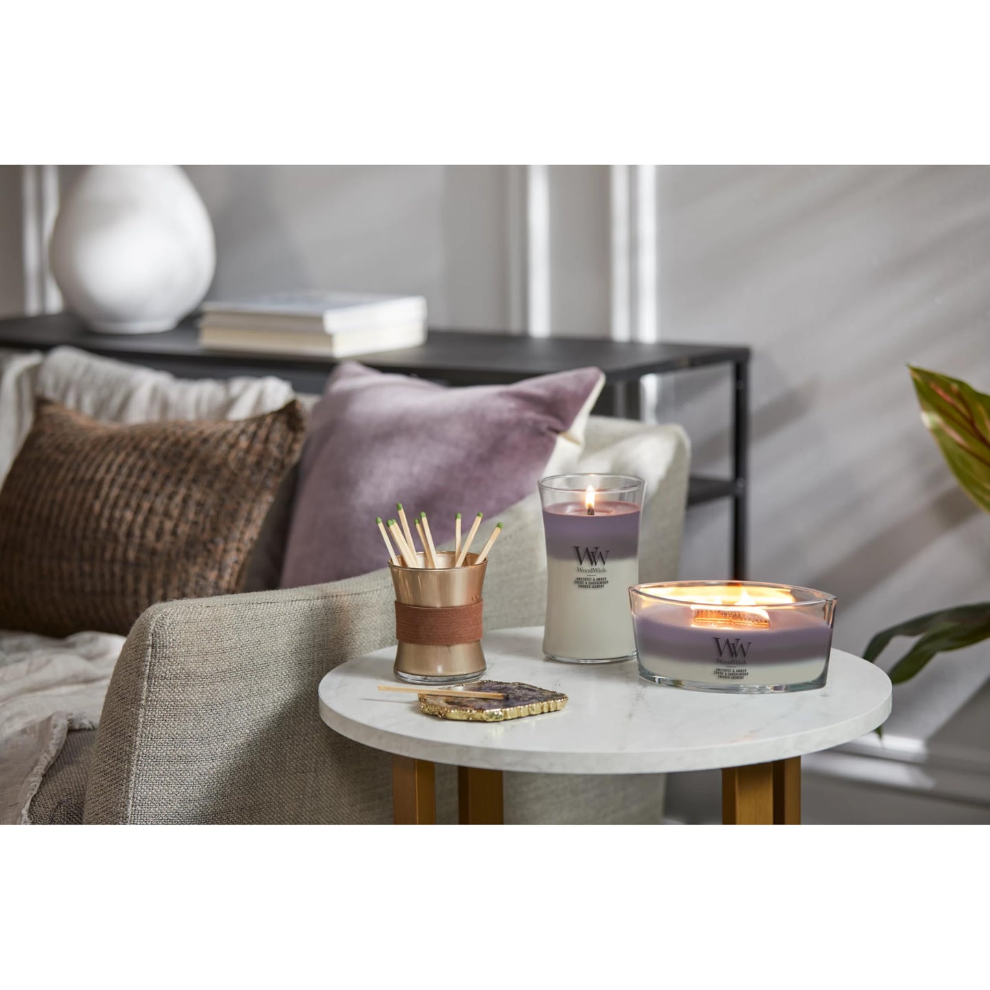 WoodWick Amethyst & Amber Gifts for Women and Men, 16 oz Ellipse Trilogy Candle with Crackling Wick