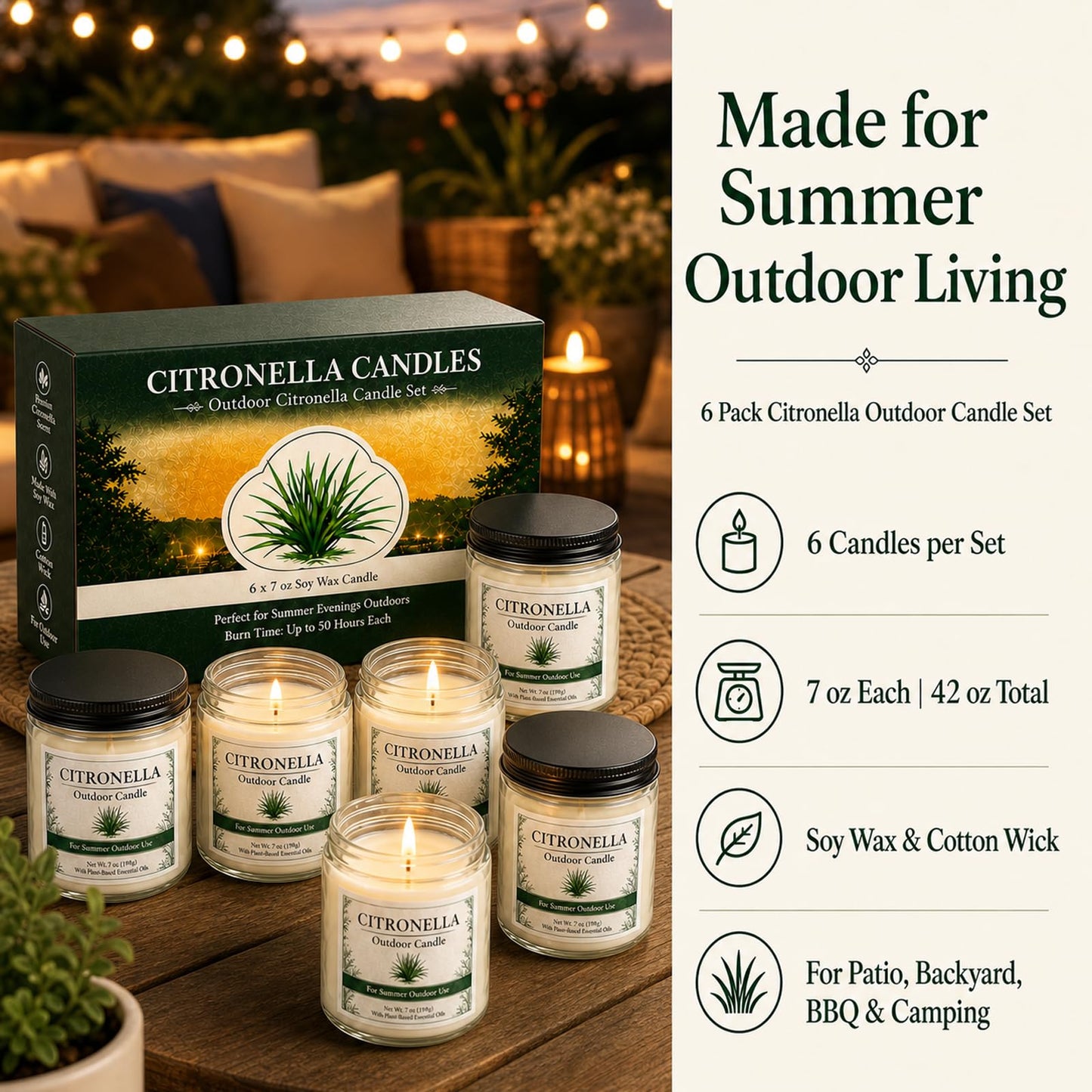 Citronella Candles Outdoor - 6 Pack Soy Wax Citronella Candles, 42 oz 300 Hours Total Outdoor Candle Set for Patio Backyard, Garden, Balcony, Deck, Porch, BBQ, Camping & Summer Parties