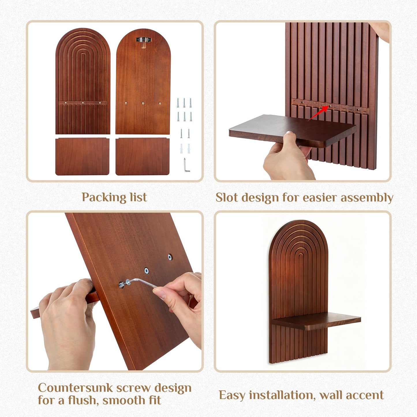 Walasis Mid Century Modern Candle Sconces: Set of 2 Walnut Boho Wall Candle Holder Decor for Living Room Fireplace - Arch Candle Shelf for Plants Pillars Candles