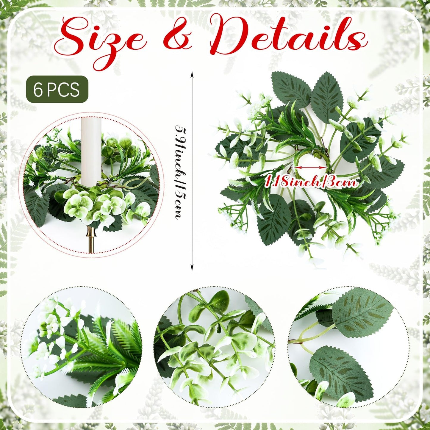 6 PCS Eucalyptus Taper Candle Rings Wreaths 1.38" Mini Spring Summer Floral Taper Candle Holder Wreaths Artificial Greenery Leaves Table Centerpieces Wreath for Farmhouse Home Candlesticks Decor