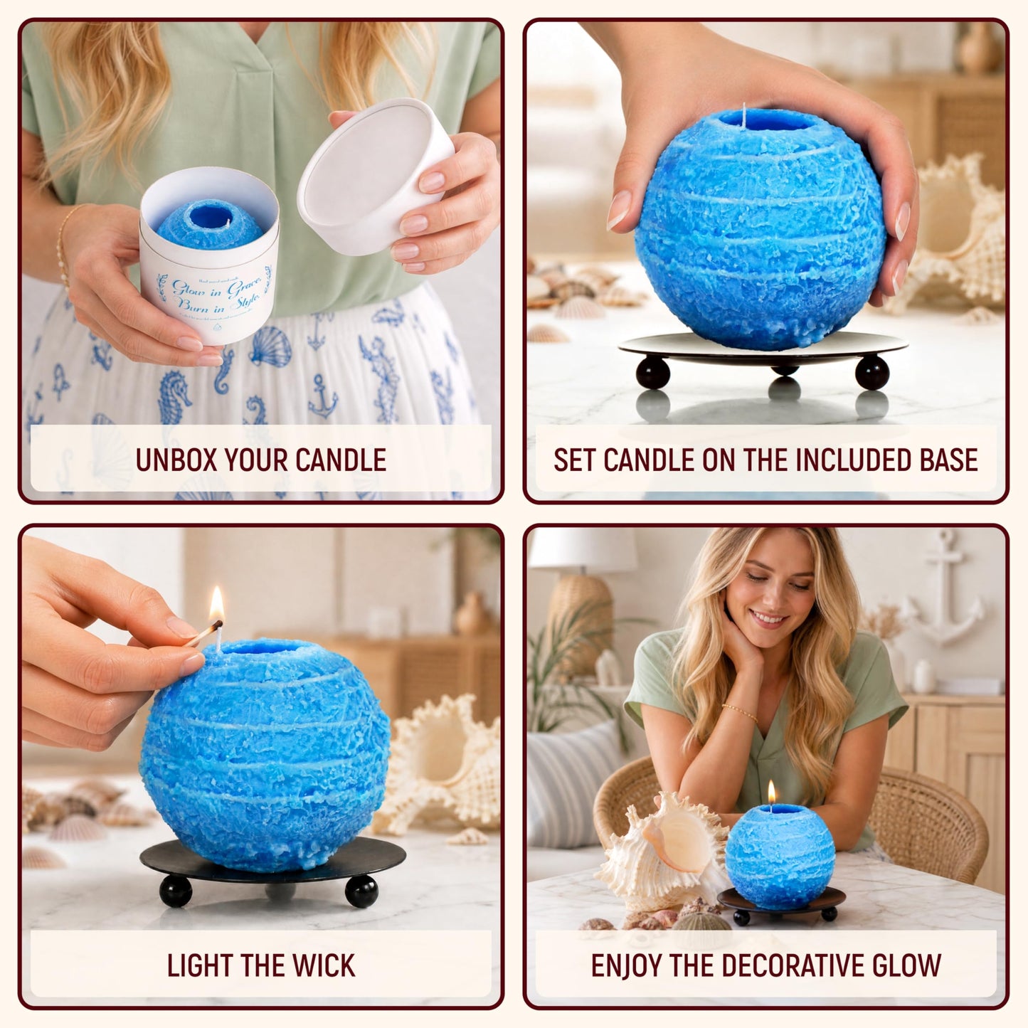 Spiral Candle Burn Around, Unscented Unique Shaped Candle on Metal Base, 4.5" Blue Beeswax Soy Wax Candle, 4h Burn, Twisted Wave Design, Gifts for Him Her, 10oz