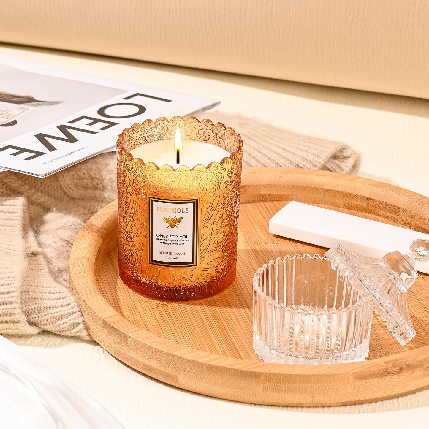 Sandalwood Candles, Candles for Home Scented, Natural Soy Wax Candle，Aromatherapy Candle for Stress Relief, Delicate Embossed Glass Jar for Home Decor, 7 oz 40 Hours Burning Time