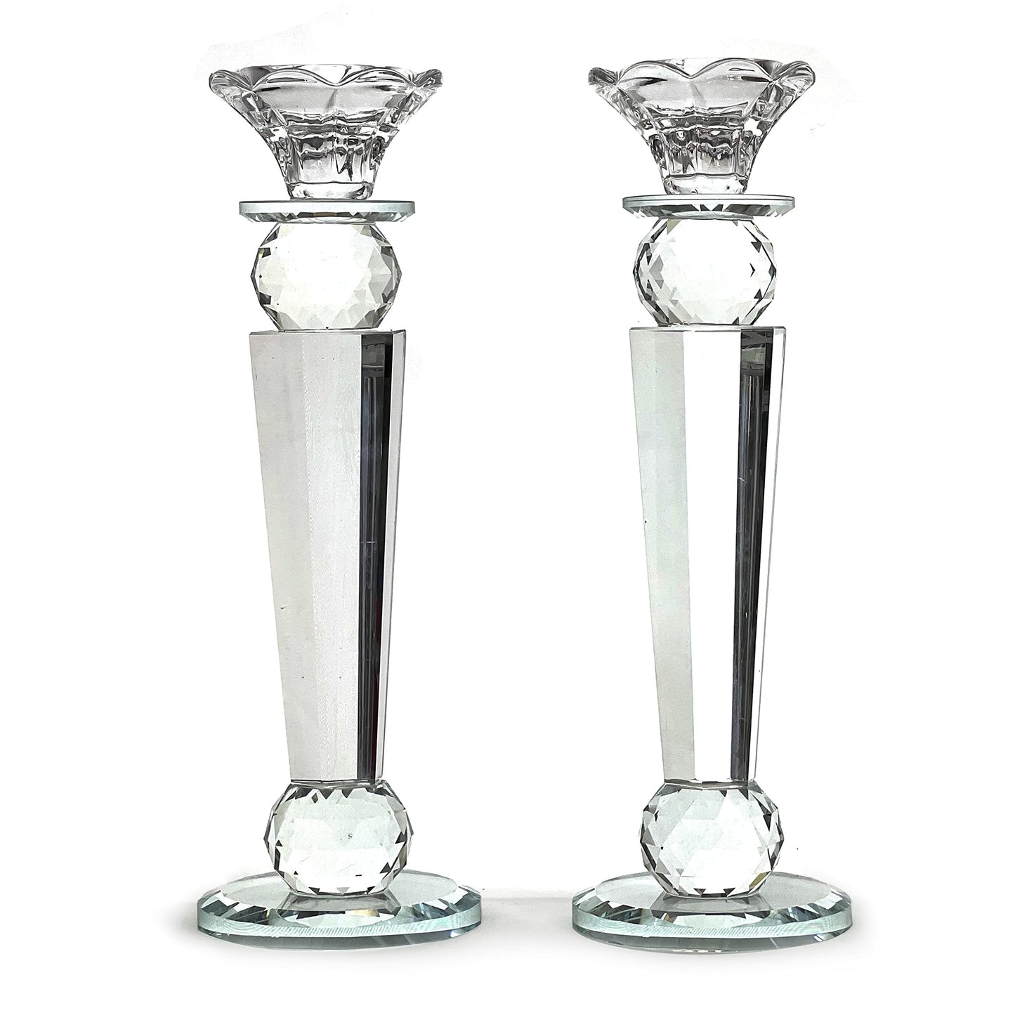 Allgala Set of 2 Crystal Glass Made Reverse Tapered Pillar and Hand Crafted Ball Candlesticks-10-HD89152
