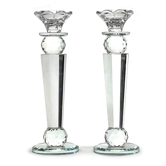 Allgala Set of 2 Crystal Glass Made Reverse Tapered Pillar and Hand Crafted Ball Candlesticks-10-HD89152
