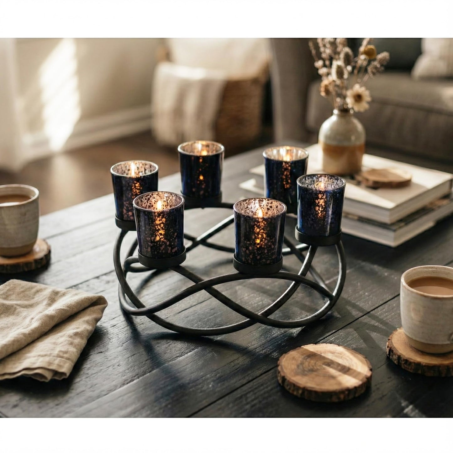 Seraphic Centerpieces for Halloween Table Decorations - Round Candle Holders for Outdoor Patio, Dining, Kitchen, Coffee & Wedding Table Decor, Black Iron Candelabra, 6 Black Glass Votive Tealight Cups
