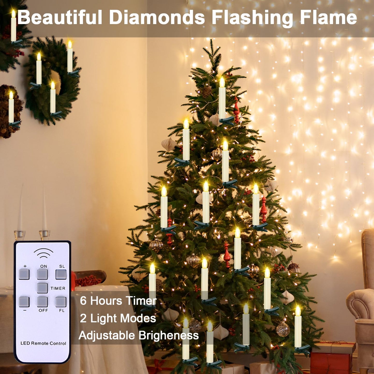 Kuandawei LED Christmas Candles, Flickering Clip on Candles for Christmas Tree, Battery Operated with Remote Timer, Warm White Light, Flameless Taper Candle for Home Christmas Decor, Set of 30