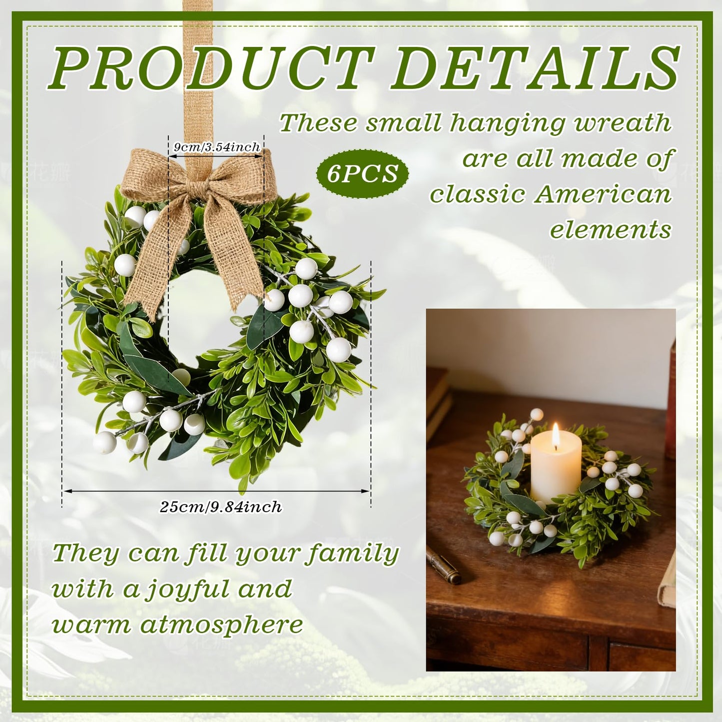 6 Pcs Small Spring Summer Candle Ring Wreaths with Artificial Boxwood Greenery White Berry Branches Mini Pillar Candle Holder Wreath for Home Table Centerpieces Kitchen Wedding Farmhouse Party Decor