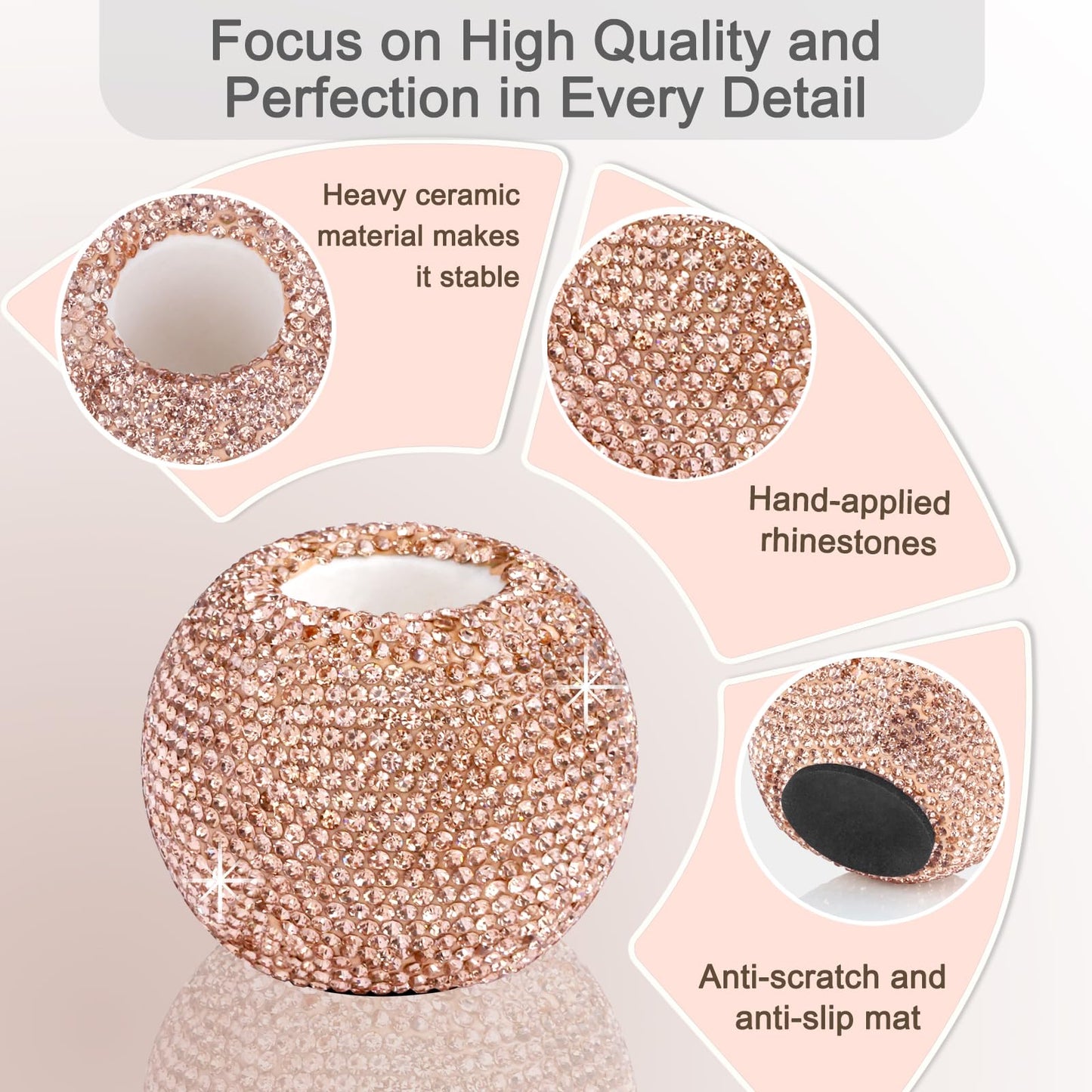 Vixdonos Round Resin Rhinestones Candlestick Holders Set of 3 Ceramic Candle Holder Bulk for Taper Candles,Rose Gold