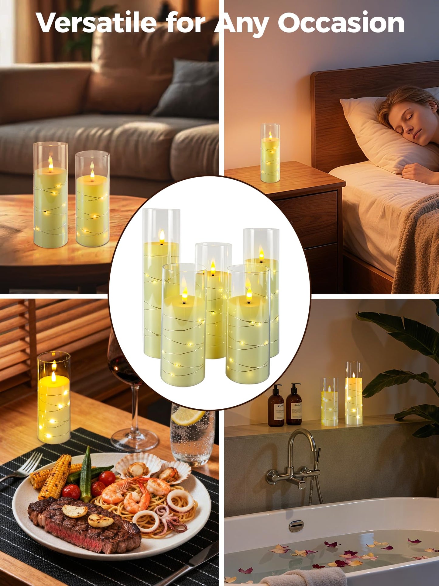 uuffoo 5 Pcs Flameless LED Candles with Timer Remote Flickering Flameless Candles with Embedded Star String, 3D Wick Acrylic Battery Operated LED Pillar Candles for Wedding Party Home Decor