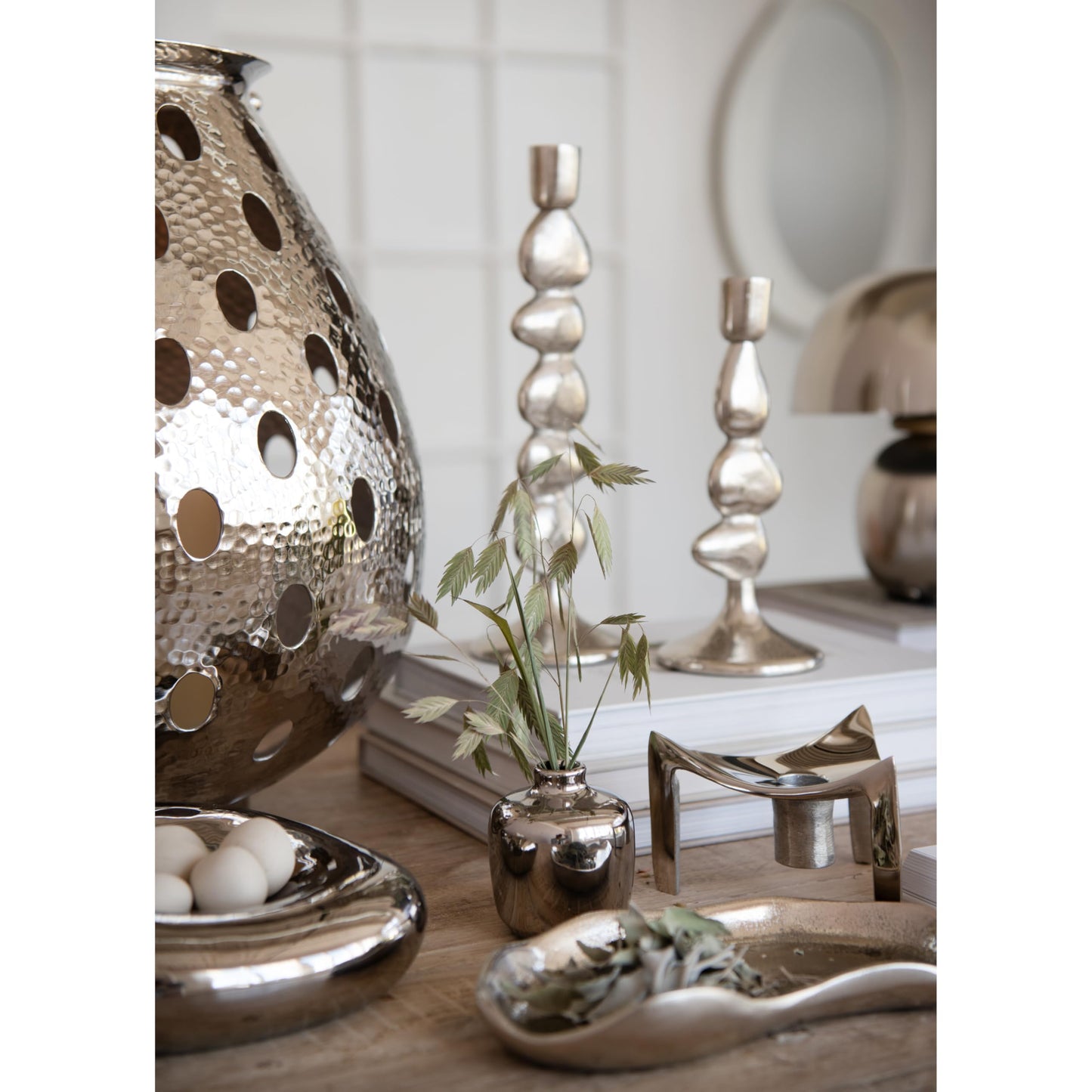 Bloomingville Cast Aluminum Stacked Taper Holder, Silver Finish