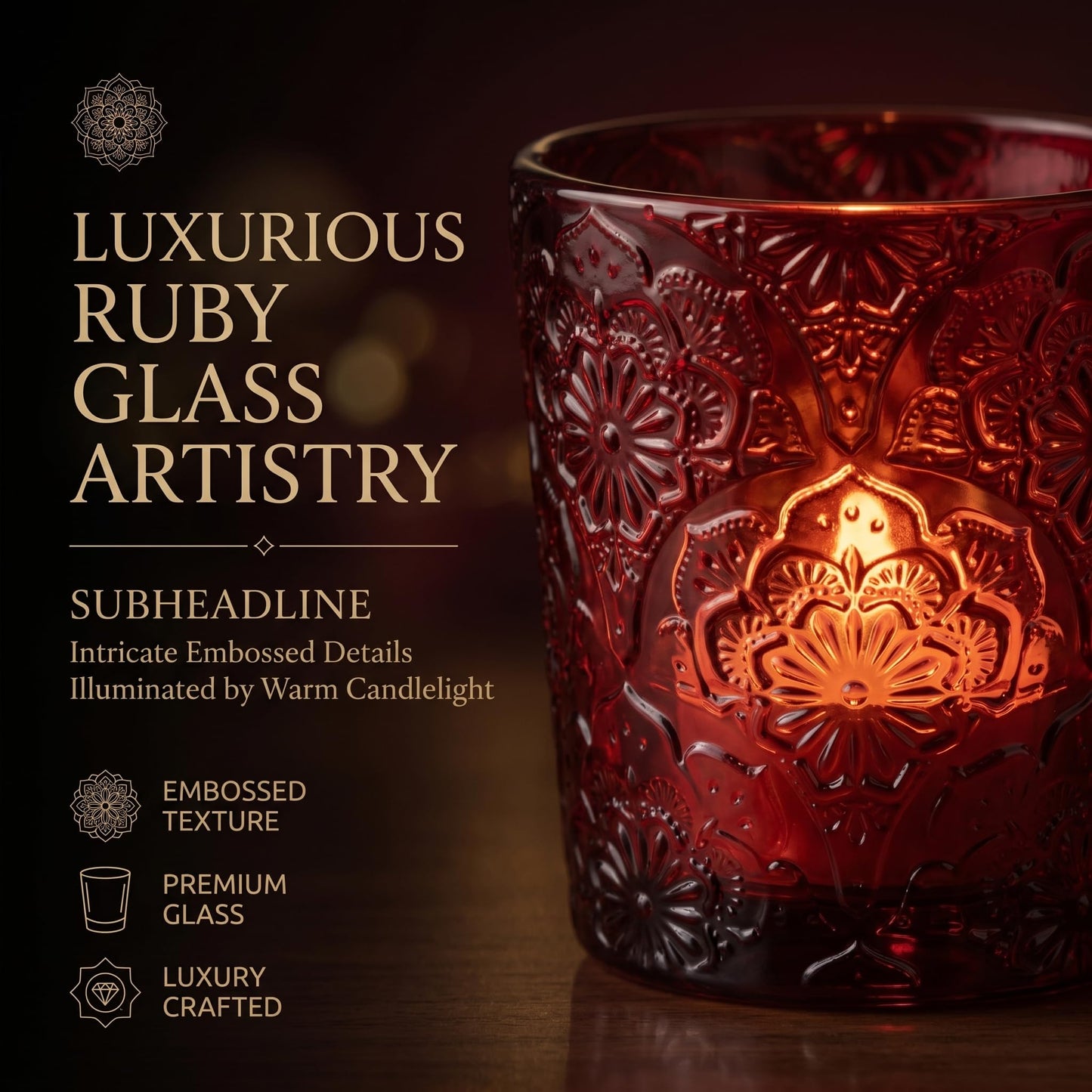 12 Pack Mandala Embossed Glass Candle Holders – Votive Tealight Holders with Patent Design, Decorative Embossed Glass Cups for Wedding Centerpieces, Parties, and Home Décor (Crimson Glow)