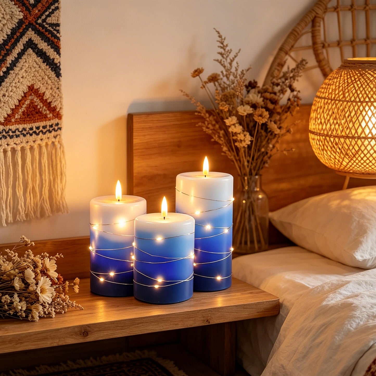 haitanghua flameless Candle Set of 3, with Fairy Light String, Remote Control Timer, Real Wax LED Candle Pillars, 3D Flame Effect, Battery Operated, Gradient Blue Home Decor Candles