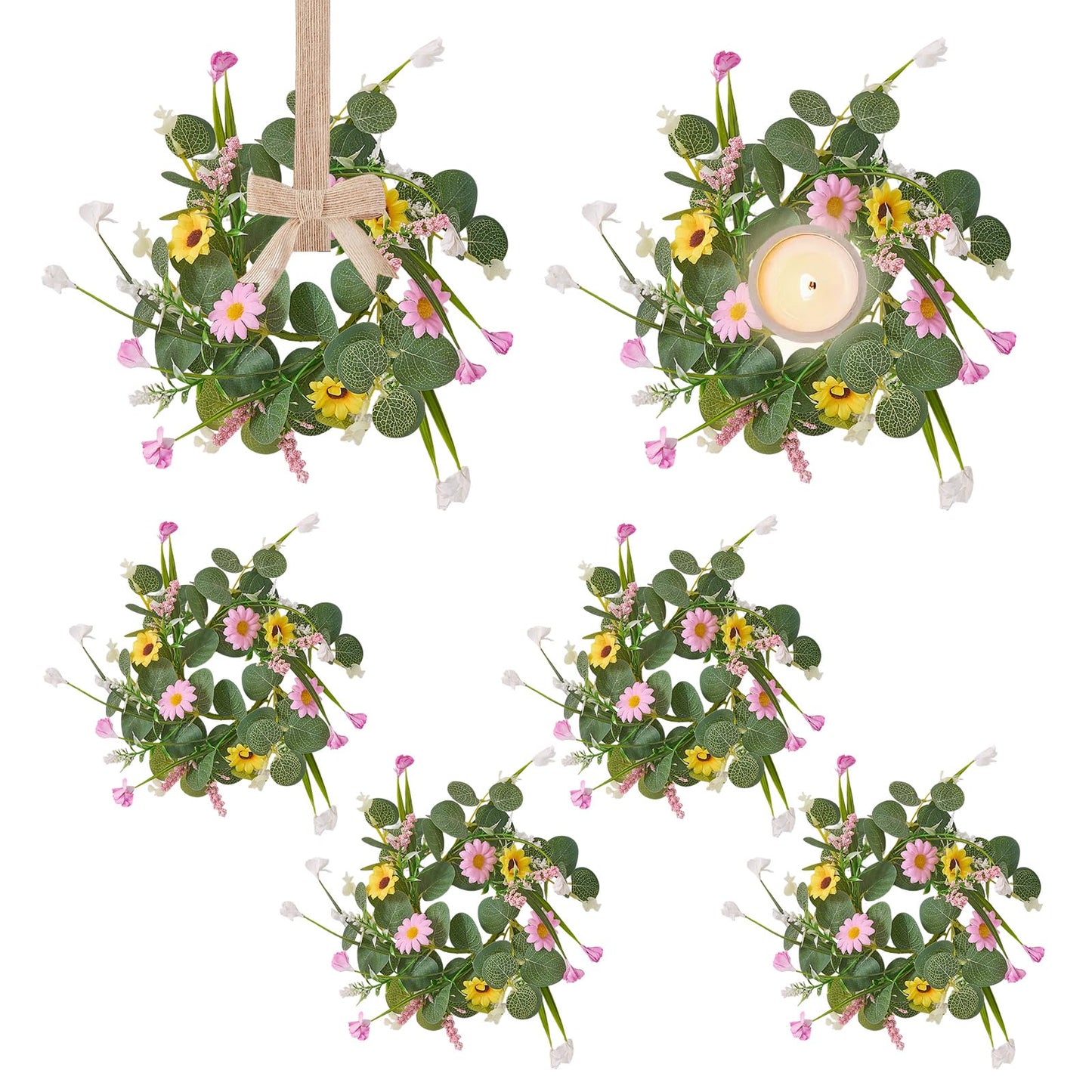 Spring Summer Wreath 6Pcs, 11.8 Inch Summer Wreath with Ribbon, Artificial Daisy Eucalyptus Leaves Grass Wreath, Hanging/Tabletop/Candle Ring Decor for Home Front Door, Porch, Wall, Window, Cabinets