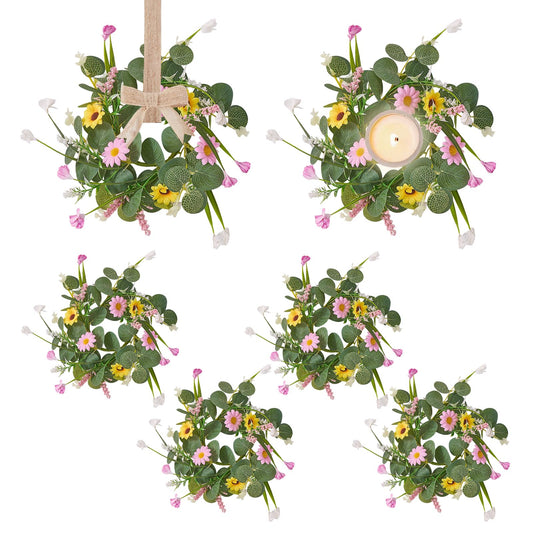 Spring Summer Wreath 6Pcs, 11.8 Inch Summer Wreath with Ribbon, Artificial Daisy Eucalyptus Leaves Grass Wreath, Hanging/Tabletop/Candle Ring Decor for Home Front Door, Porch, Wall, Window, Cabinets