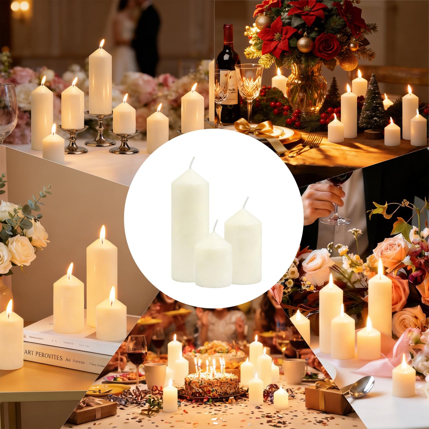HTTBEIZI Pillar Candles Bulk Set - Unscented, Smokeless, Dripless | 3 Sizes (1 Each): 2x3, 2x4, 2x6 Inches | Ideal for Weddings, Christmas & Home Decor (3, Ivory White)