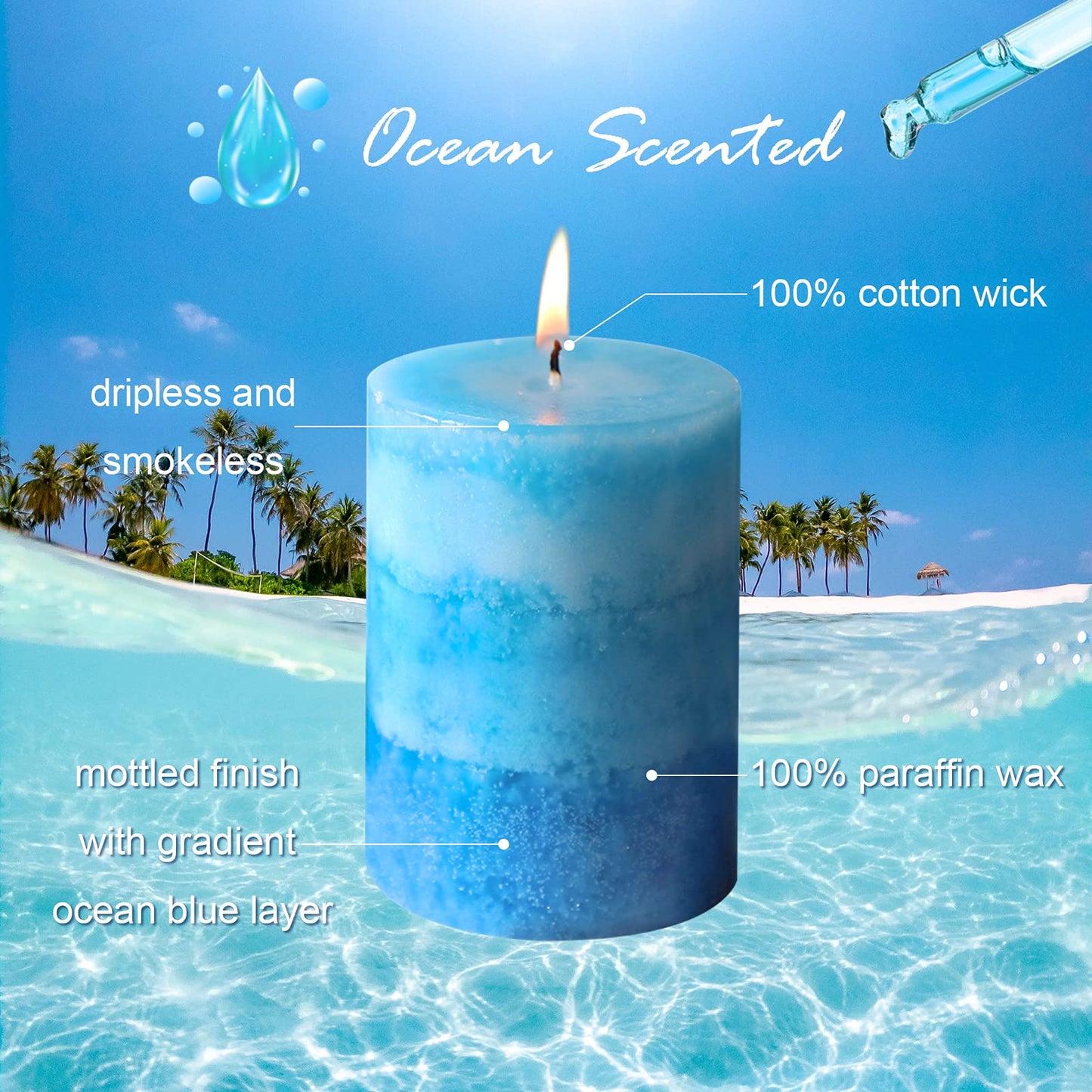 Petristrike Blue Pillar Candles for Home Scented, Set of 3 Strong Ocean Fragrance Scented Candles, 50+ Hrs Long Burning Candles Set