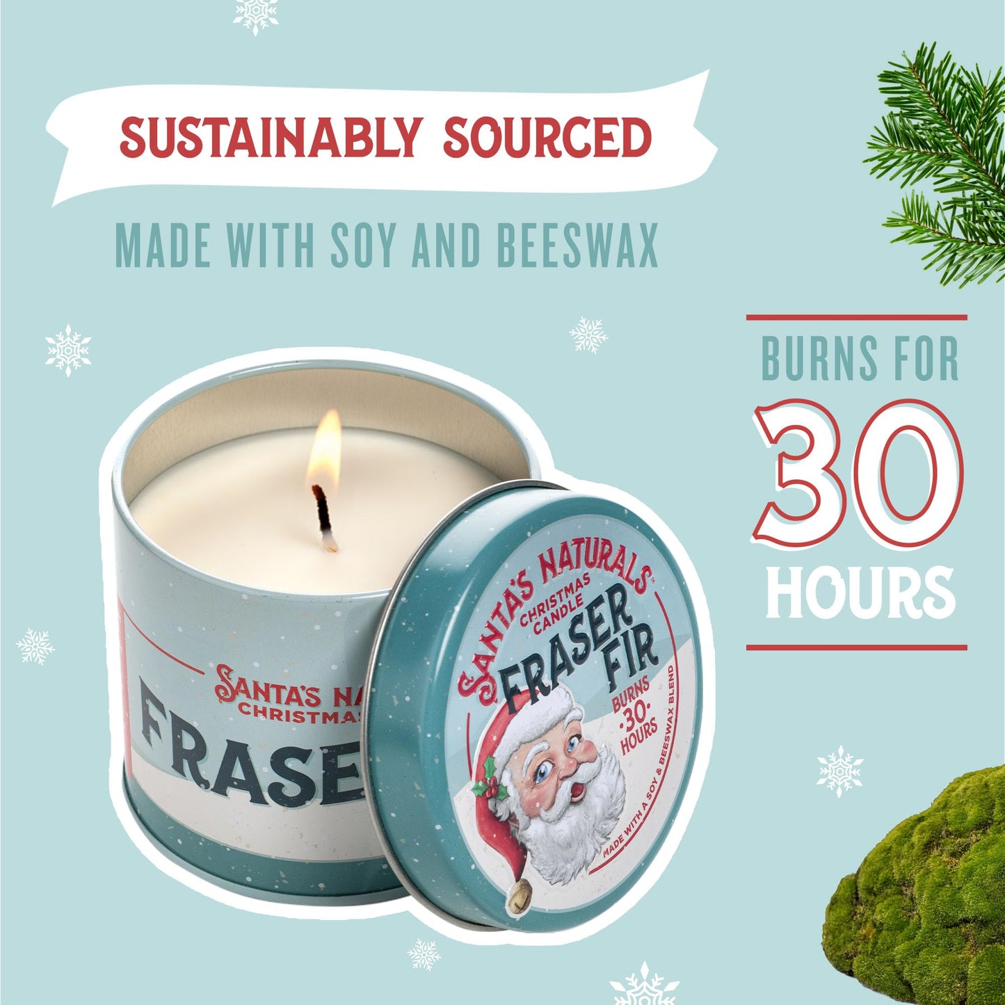 Santa's Naturals Fraser Fir Christmas Candle for Holidays & Gifts, Fresh Cut Tree Scent, Soy & Beeswax Blend, 30+ Hour Burn, 9 oz