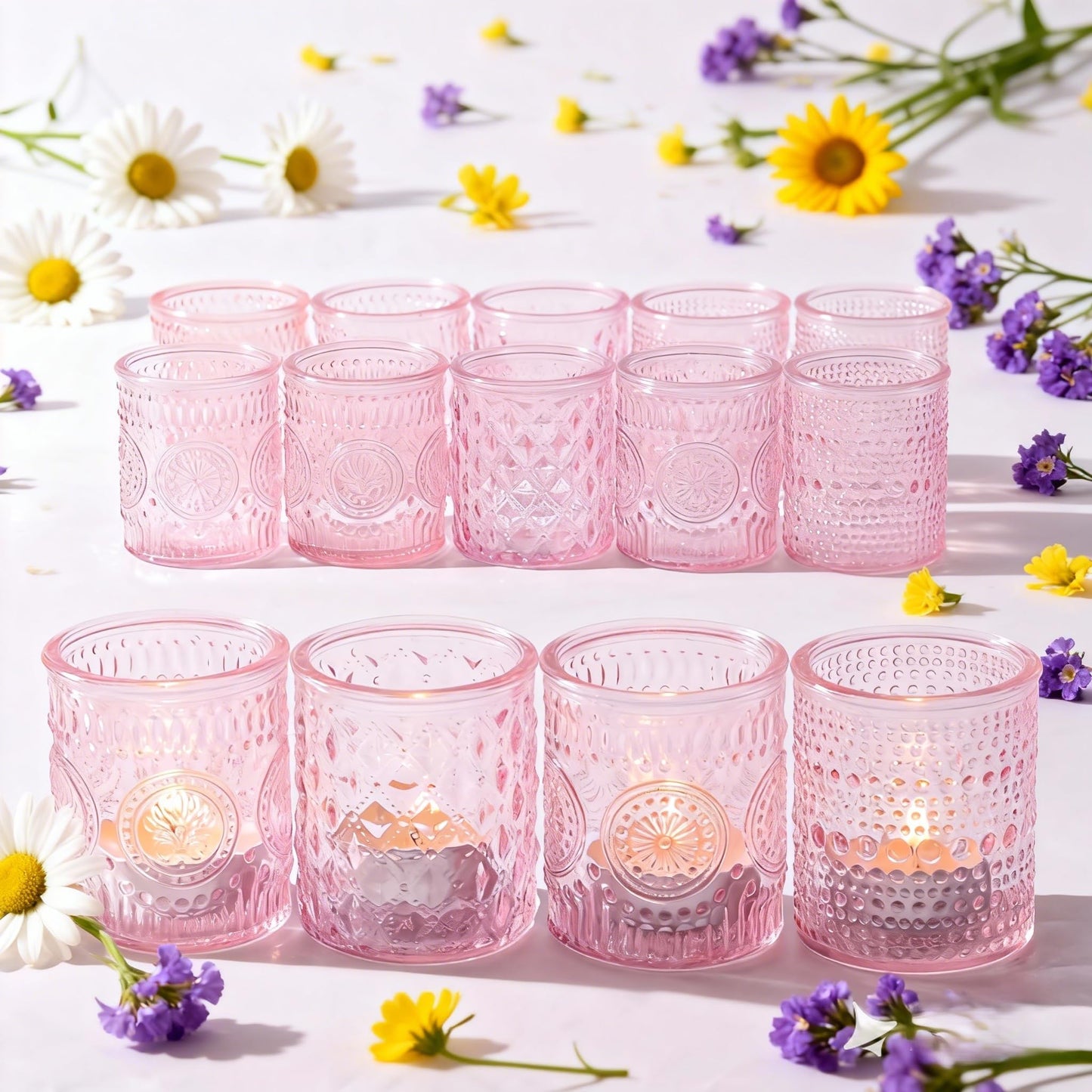 LETINE Set of 16 Pink Votive Candle Holders, Glass Tea Light Candle Holder with 4 Retro & Floral Patterns, Decorative Candle Holders for Parties, Spring Summer Wedding Table Centerpieces & Home Decor