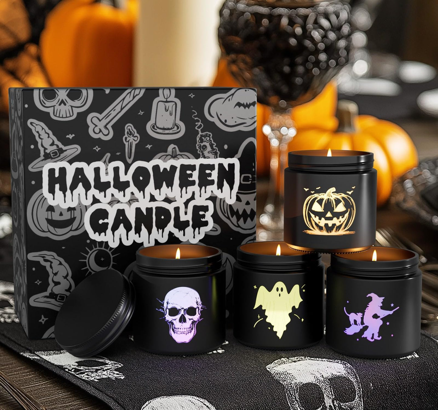 Halloween Decor Indoor-4 Pack Candles Set, LED Scented Candle,Halloween Gifts with Pumpkin|Skull|Ghost|Witch|, 80H Lasting Burn Candles for Home Decorations Indoor