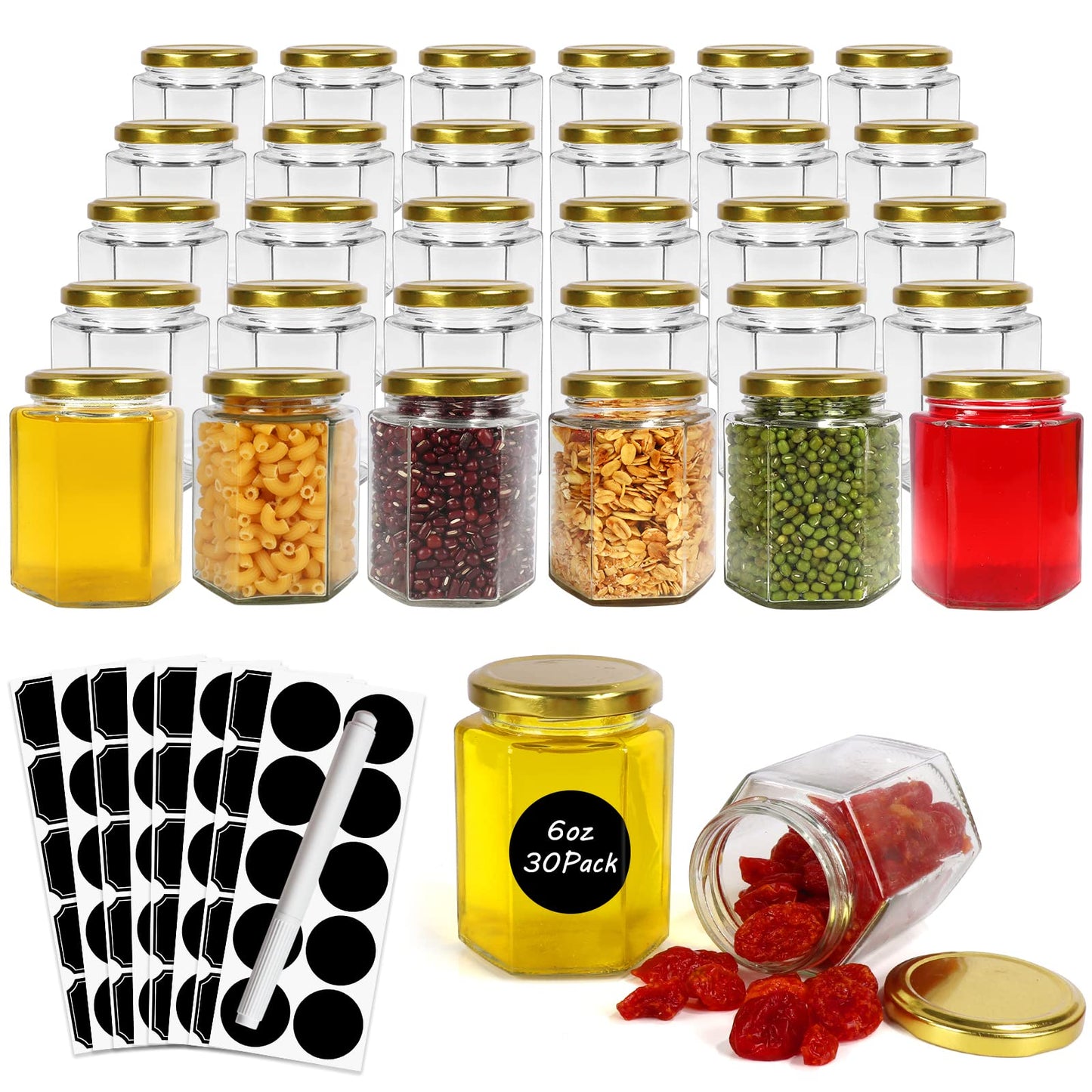 Betrome 30 Pack 6oz Hexagon Glass Jars with Gold Lids, 180ml Clear Glass Canning Jars Honey Jars Spice Jars Mason Jars for Jams, Shower Favors, Wedding Favors, Craft, 1 Pen and Labels Included