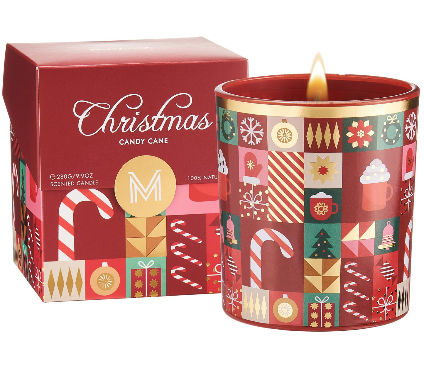 M&SENSE Christmas Candy Cane Scented Holiday Candle for Home, 9.9oz 55Hours Clean Non Toxic Burn, Natural Soy Wax Cotton Wick Fruit Scent, Winter Housewarming Candle Gifts for Women Family Friends
