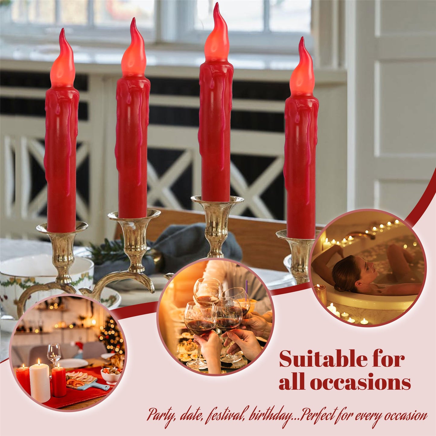 Gedengni Red Candlesticks Flameless Taper Candle, 4pcs Short LED Tapered Candles Remote Dipped Candle 6inch Battery Chandelier for Enchanting Christmas Harry Potter Inspired Vigils,R